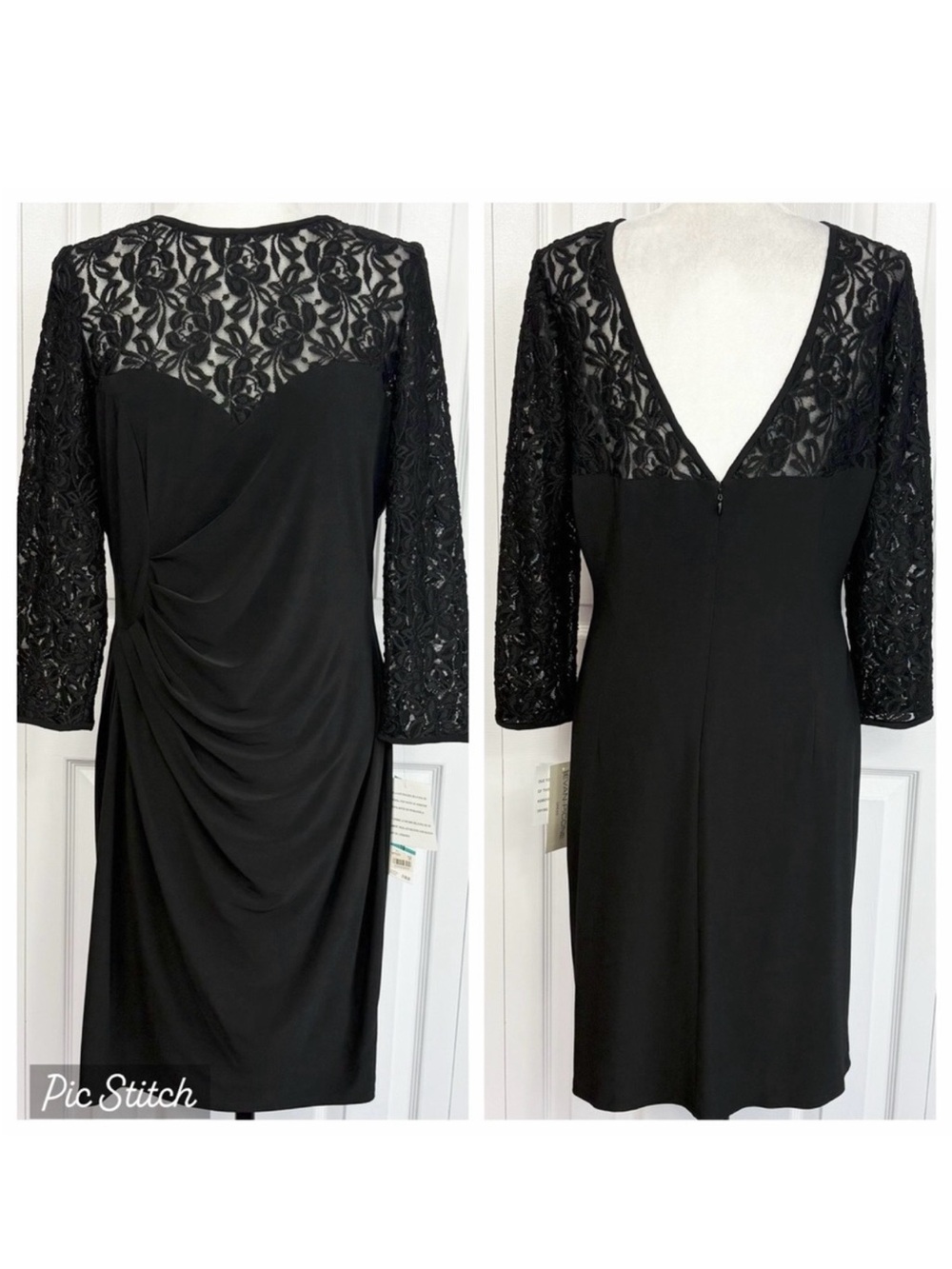 NWT Evan Picone Black Sheer Lace Yoke 3/4 Sleeve Ruched Sheath Dress 16
